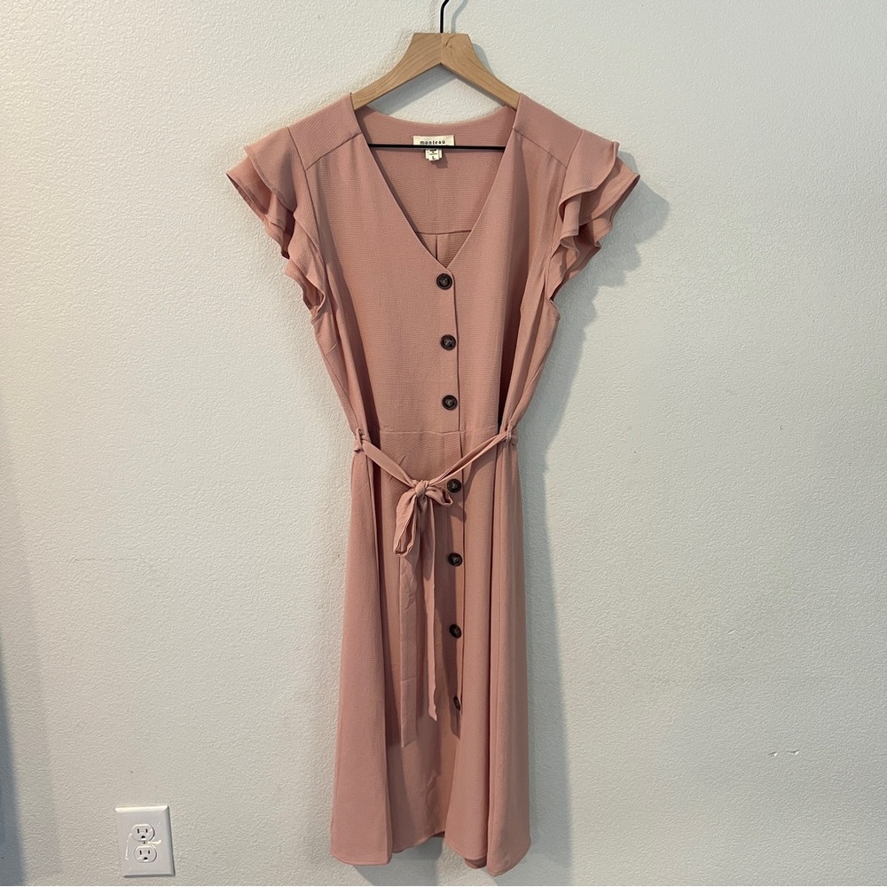 Monteau Pink Crepe Chiffon Button Front V-Neck Flutter Cap Sleeve Midi Dress L